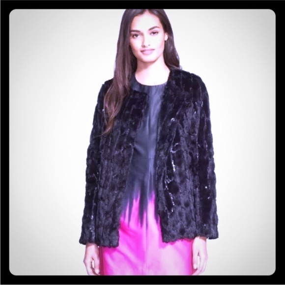 Milly Black Sequin and Soft Faux Fur Evening Glamour Jacket Coat sz Small - Picture 2 of 12